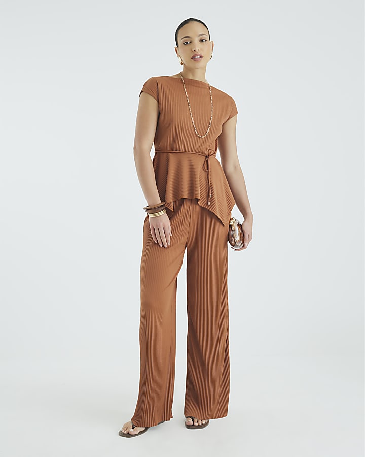 Brown Plisse Wide Leg Trousers