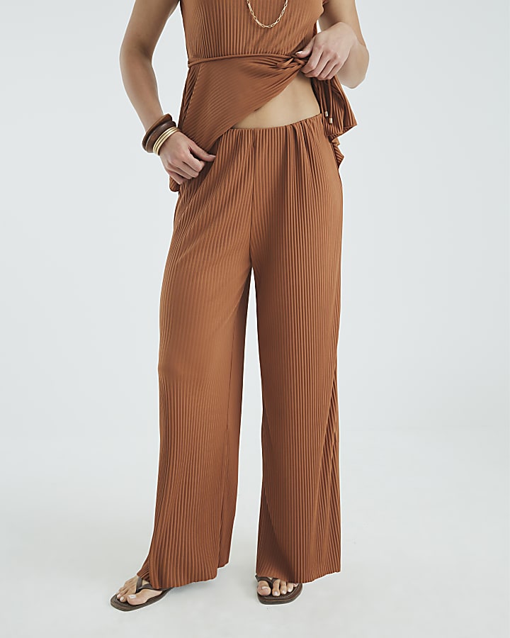 Brown Plisse Wide Leg Trousers