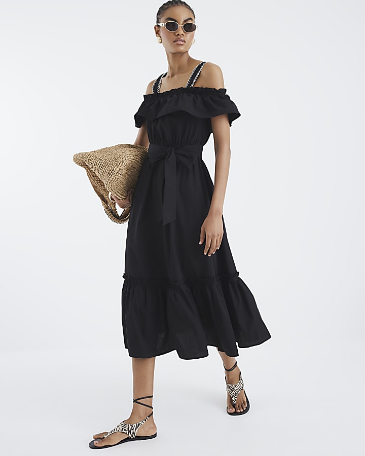 Black Bardot Whipstitch Detail Midi Dress