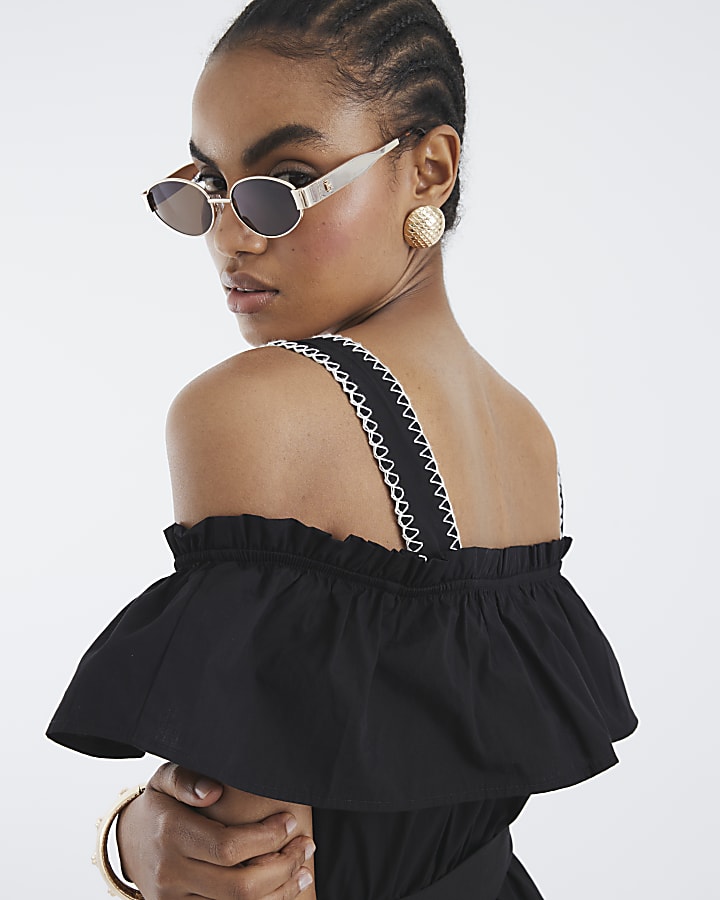 Black Bardot Whipstitch Detail Midi Dress