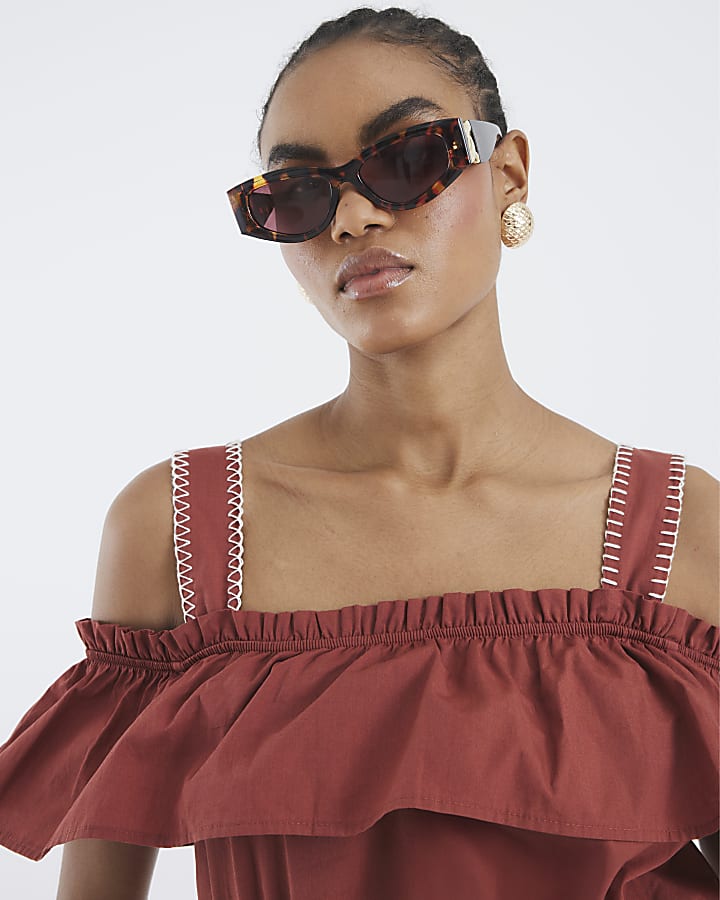 Brown Bardot Whipstitch Detail Midi Dress