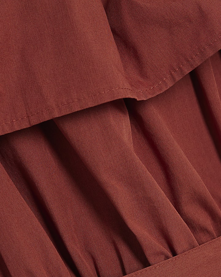 Brown Bardot Whipstitch Detail Midi Dress