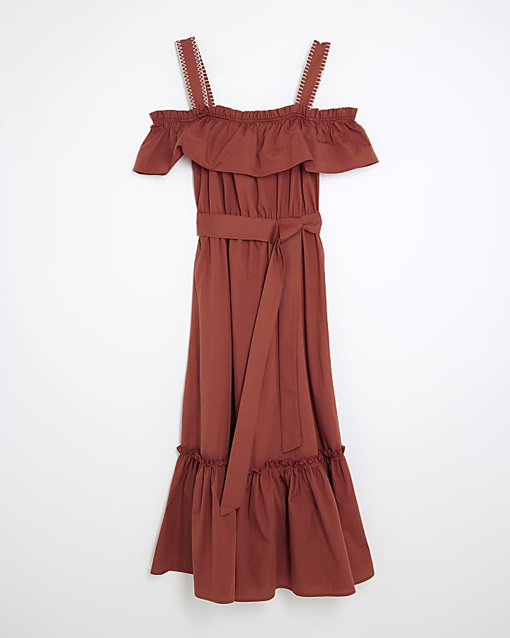 Brown Bardot Whipstitch Detail Midi Dress