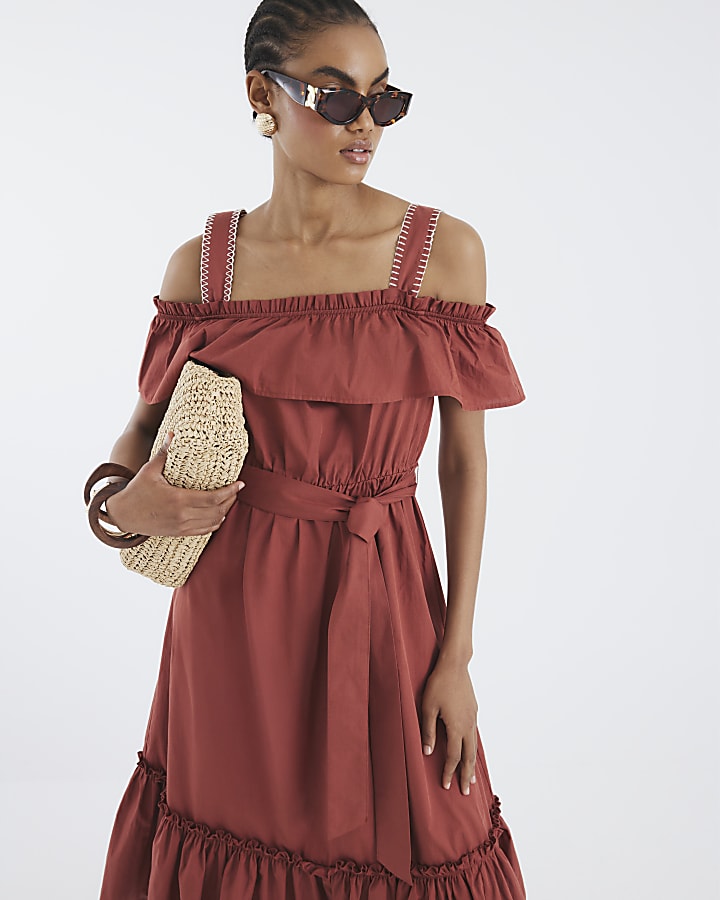 Brown Bardot Whipstitch Detail Midi Dress