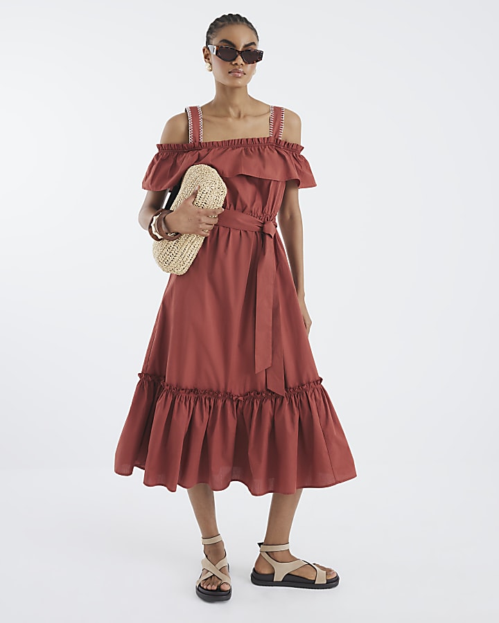 Brown Bardot Whipstitch Detail Midi Dress