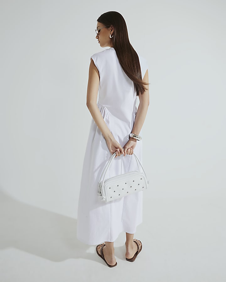 White Sleeveless V Neck Midi Dress