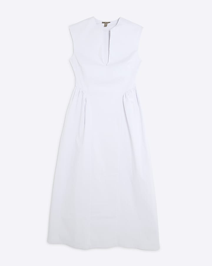 White Sleeveless V Neck Midi Dress