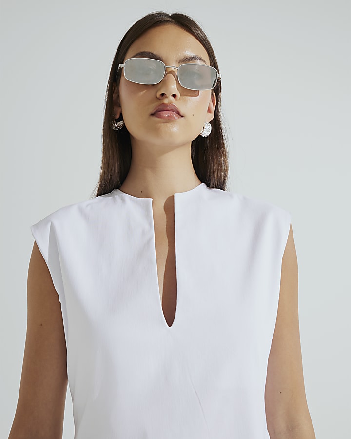 White Sleeveless V Neck Midi Dress
