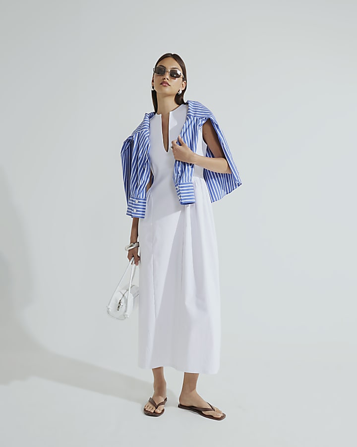White Sleeveless V Neck Midi Dress