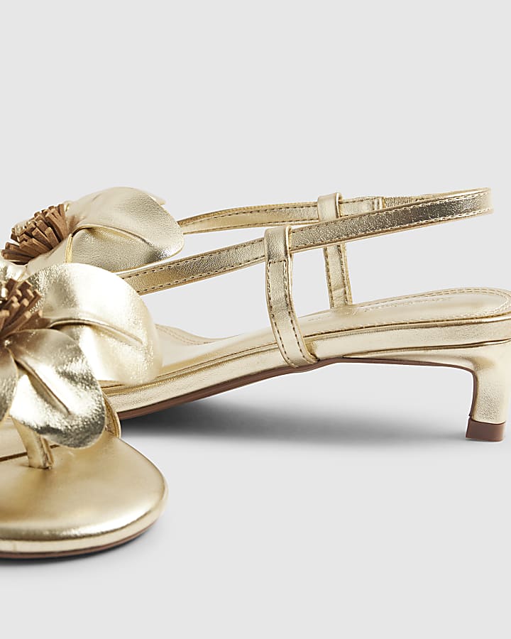 Gold Kitten Heeled Flower Sandals