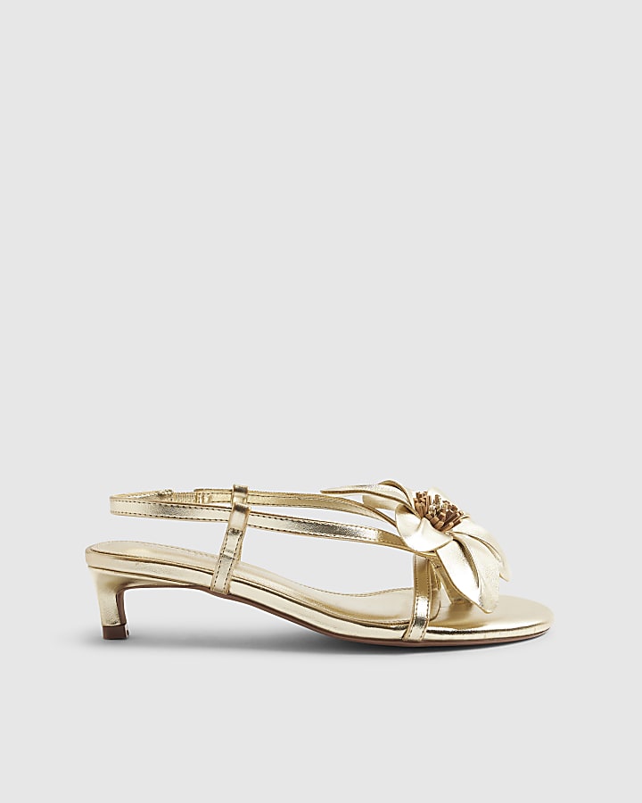 Gold Kitten Heeled Flower Sandals