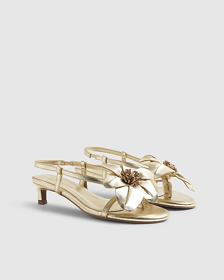 Gold Kitten Heeled Flower Sandals