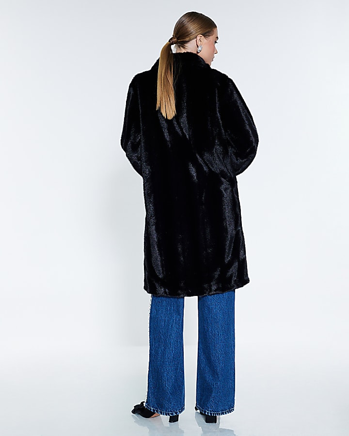 Black Embellished Button Faux Fur Coat