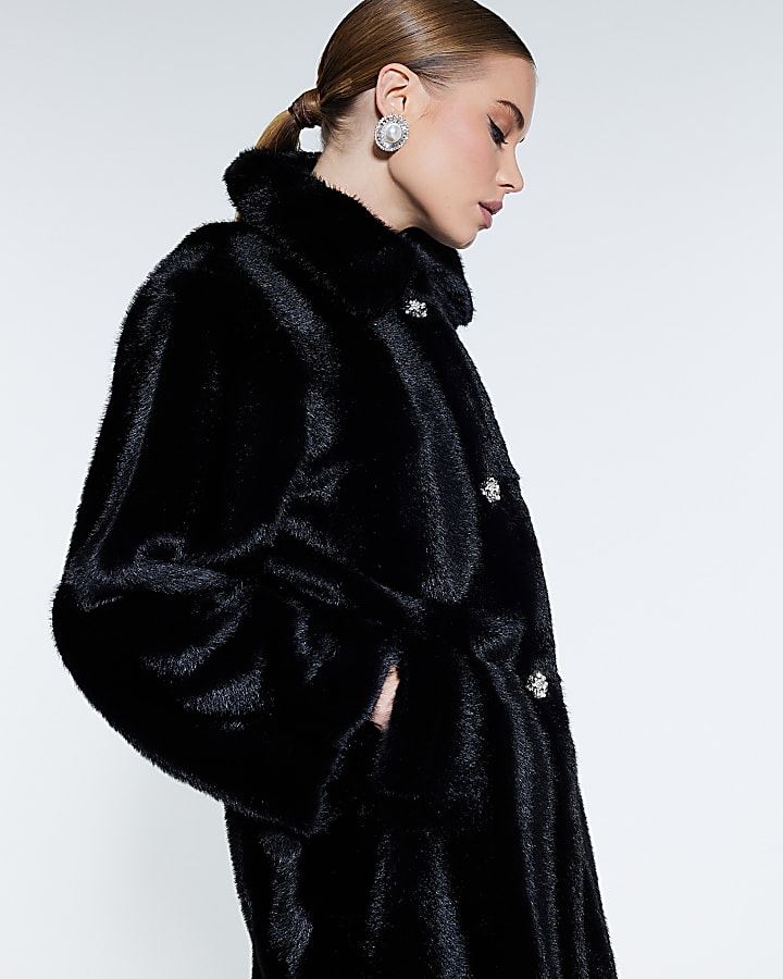 Black Embellished Button Faux Fur Coat