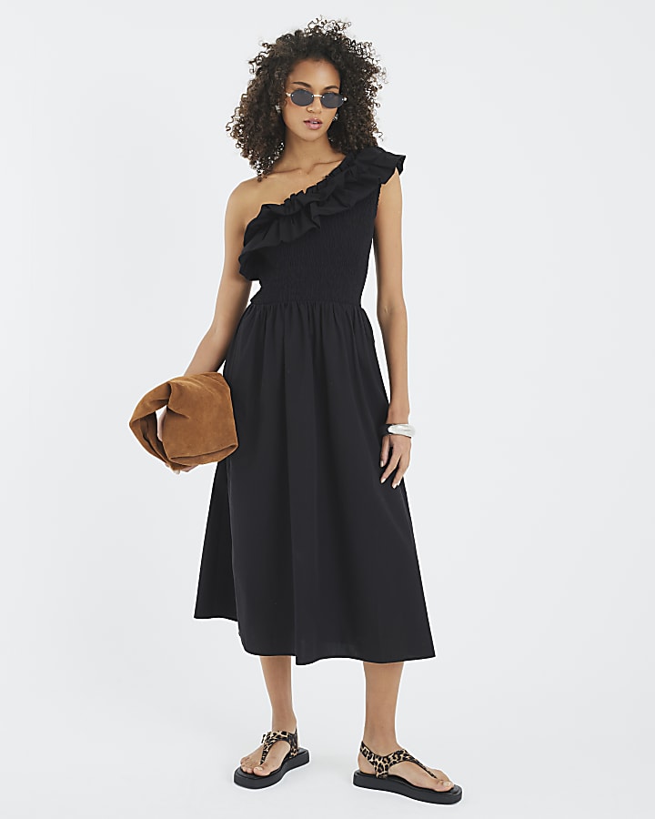 Black One Shoulder Shirred Midi Dress