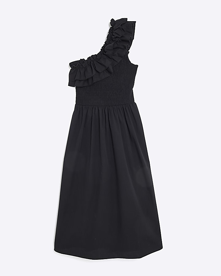 Black One Shoulder Shirred Midi Dress