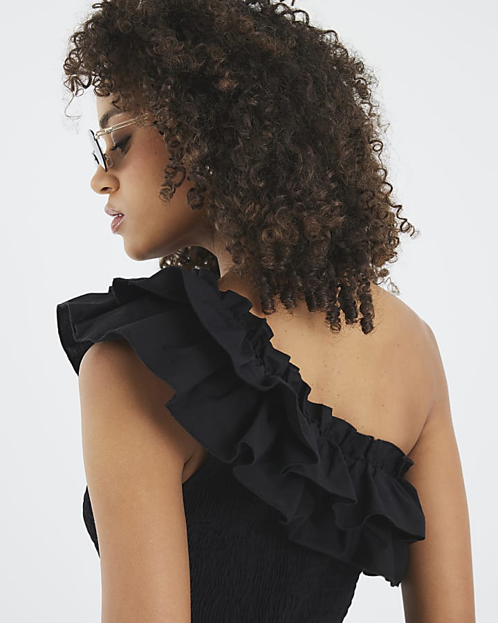 Black One Shoulder Shirred Midi Dress