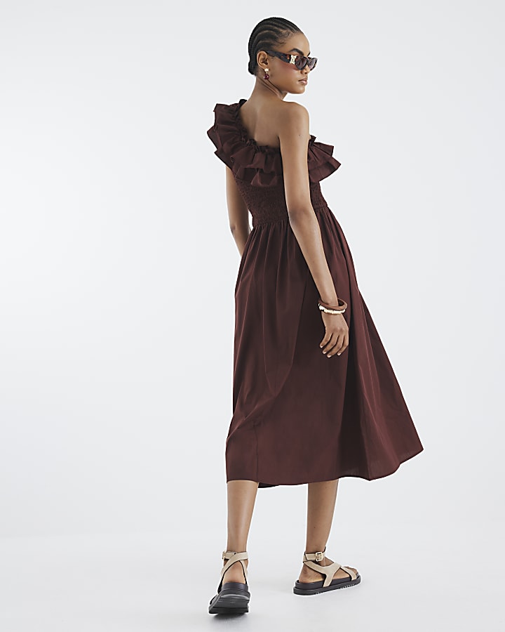 Brown One Shoulder Shirred Midi Dress