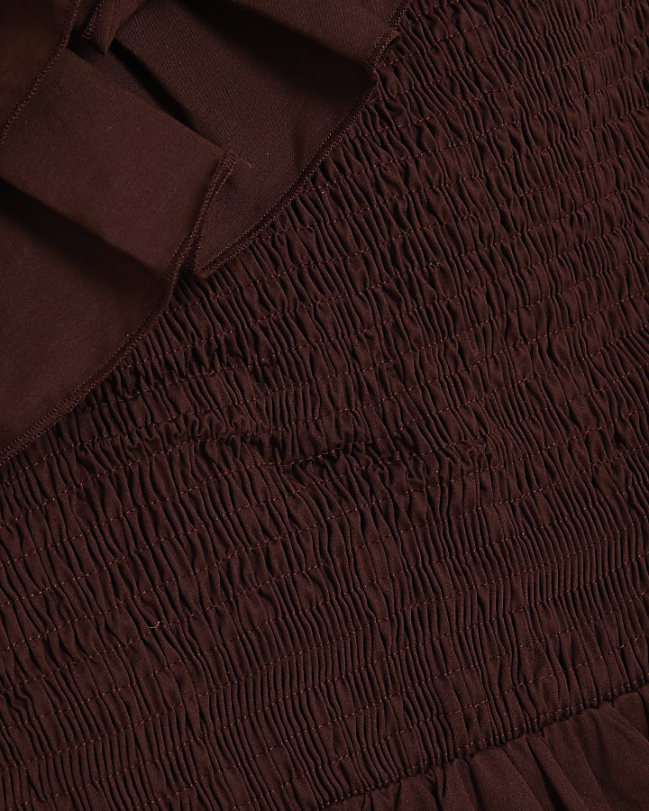 Brown One Shoulder Shirred Midi Dress
