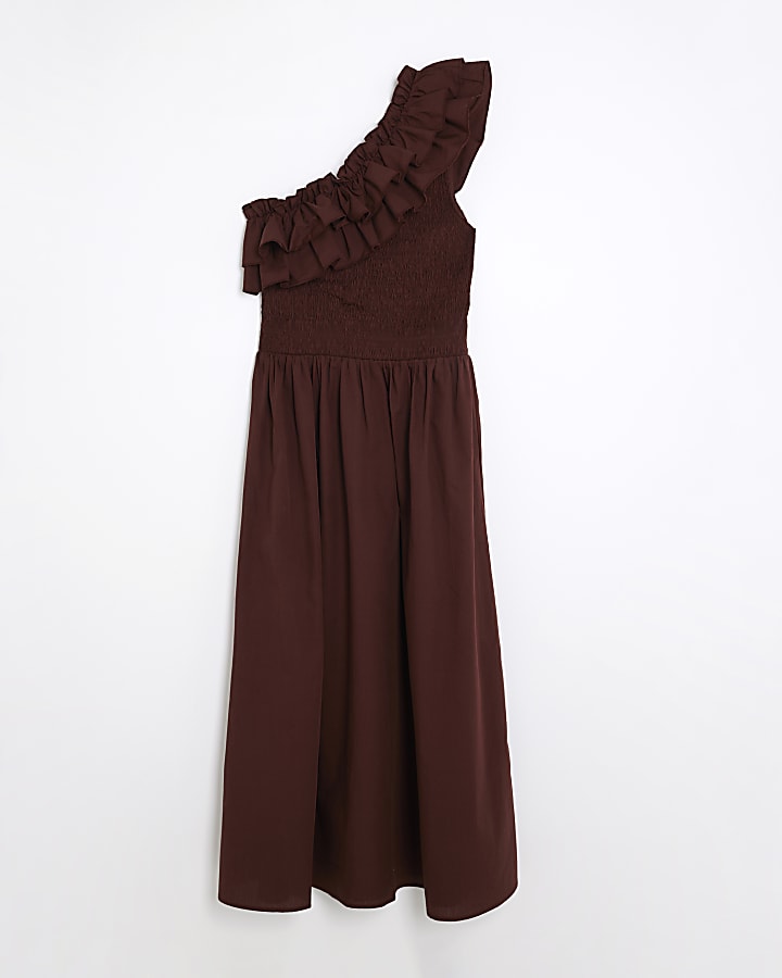 Brown One Shoulder Shirred Midi Dress
