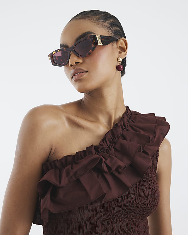 Brown One Shoulder Shirred Midi Dress