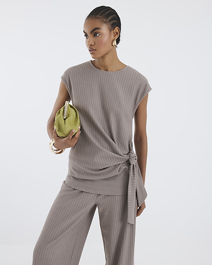 Beige Short Sleeve Pinstripe Tie Detail Top