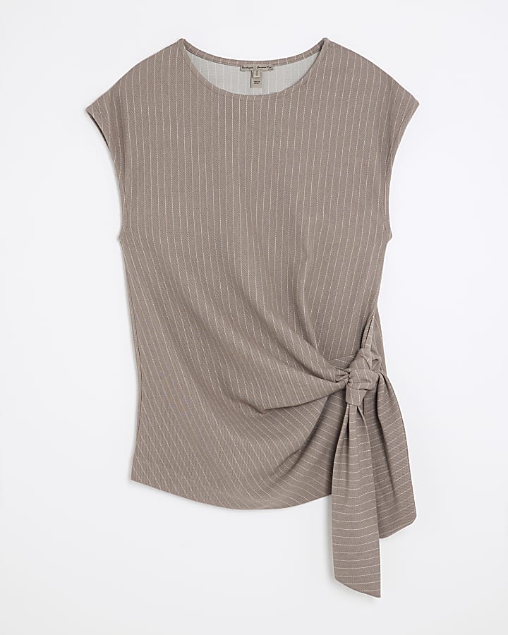 Beige Short Sleeve Pinstripe Tie Detail Top