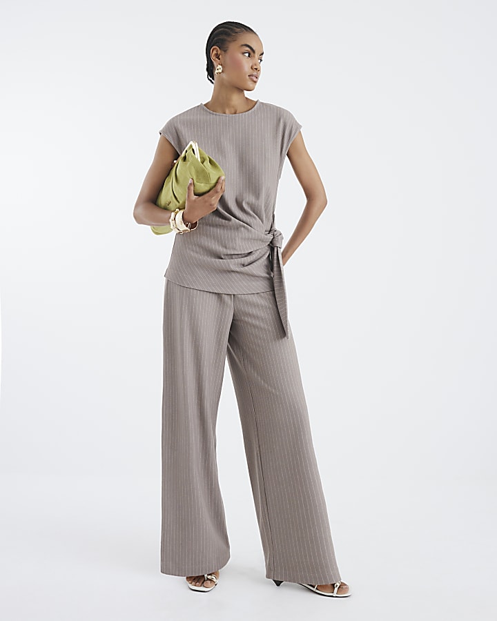 Beige Short Sleeve Pinstripe Tie Detail Top
