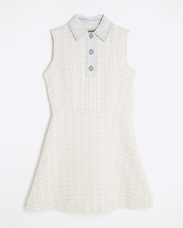 Cream Boucle Denim Sleeveless Mini Dress