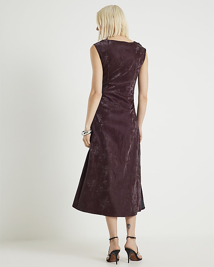 Red Hammered Faux Leather Cowl Neck Dress
