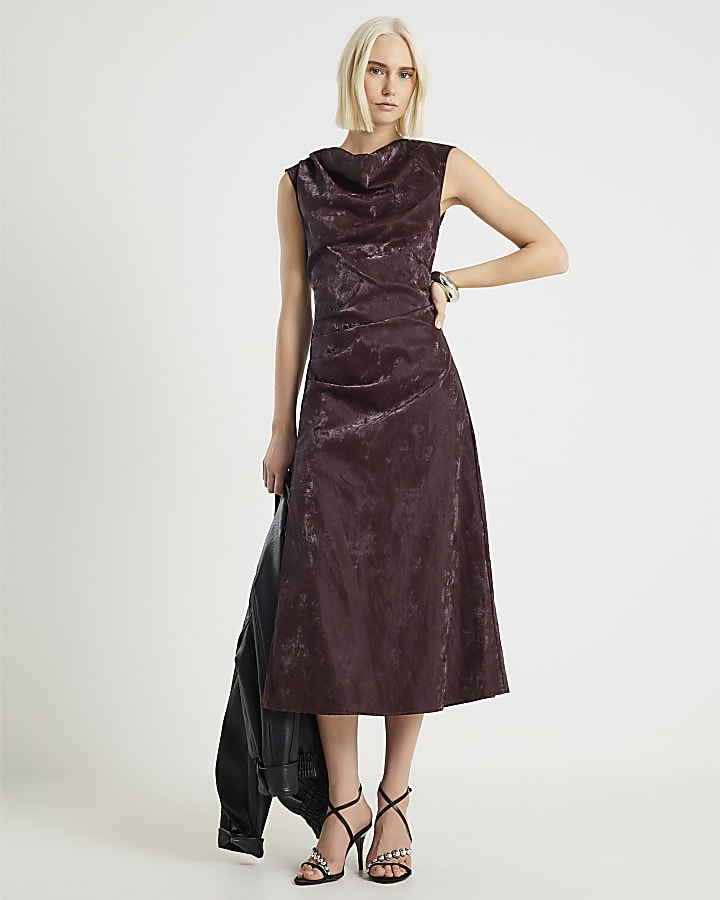 Red Hammered Faux Leather Cowl Neck Dress