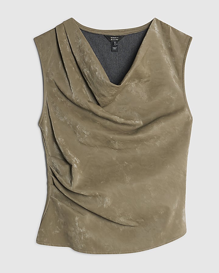 Khaki Faux Leather Hammered Ruched Detail Top