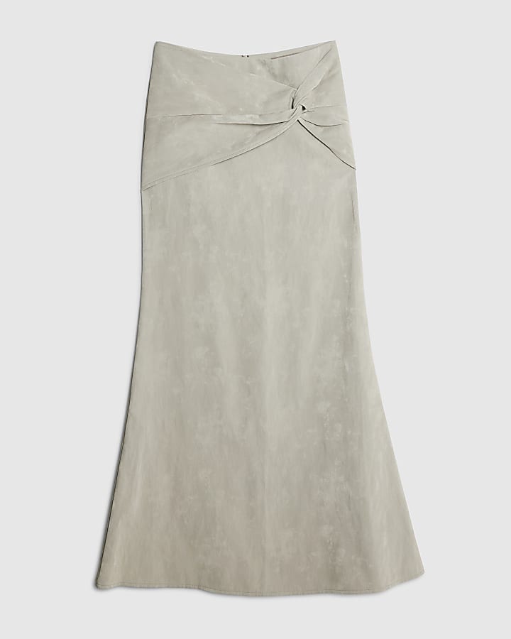 Cream Hammered Faux Leather Midi Skirt