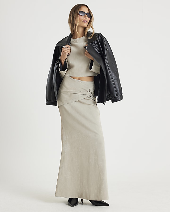 Cream Hammered Faux Leather Midi Skirt