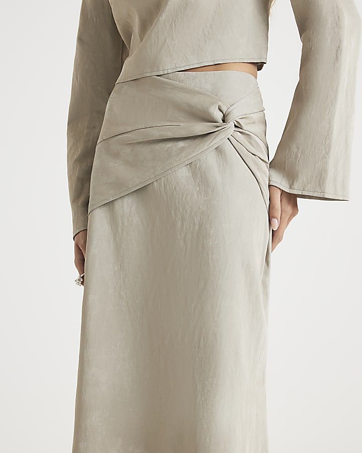 Cream Hammered Faux Leather Midi Skirt