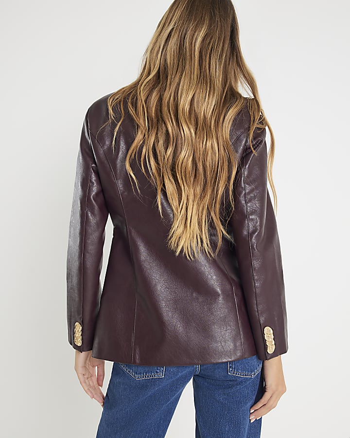 Red Faux Leather Button Collarless Jacket