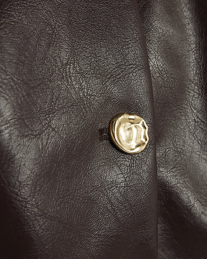 Red Faux Leather Button Collarless Jacket