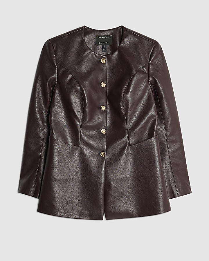 Red Faux Leather Button Collarless Jacket