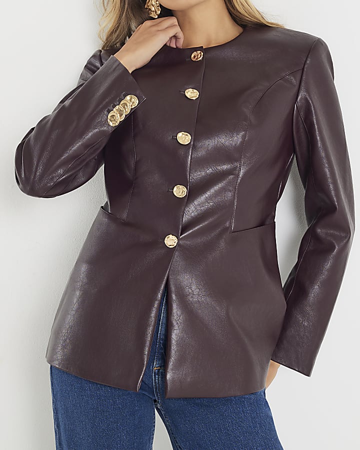 Red Faux Leather Button Collarless Jacket