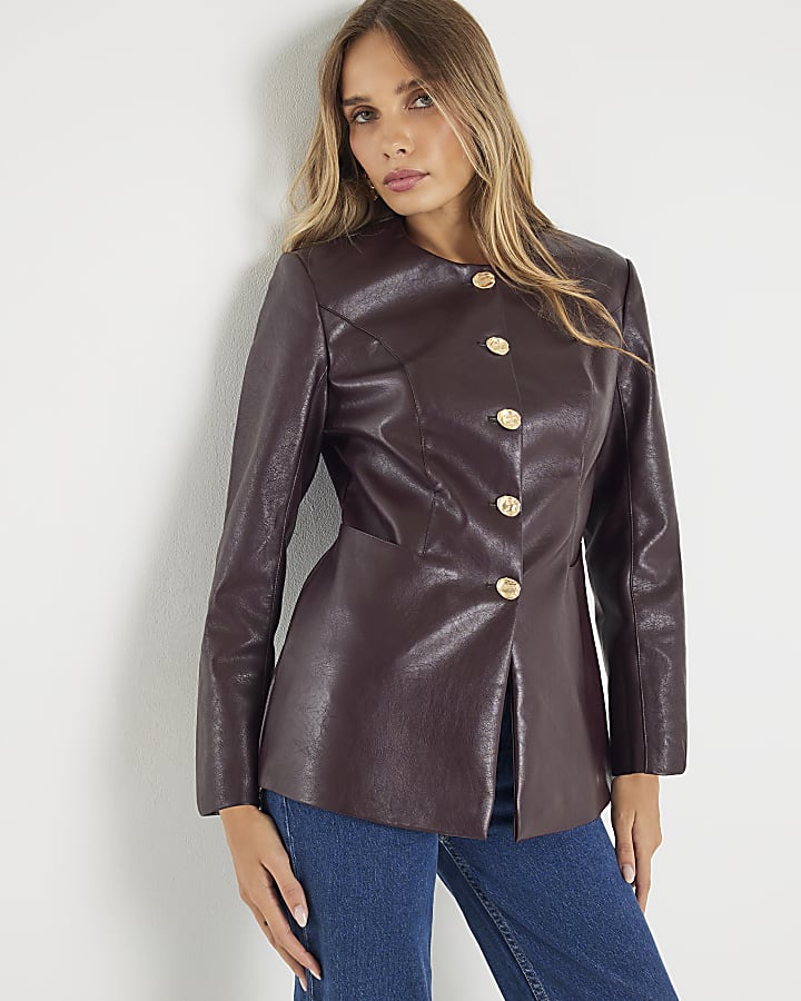 Red Faux Leather Button Collarless Jacket