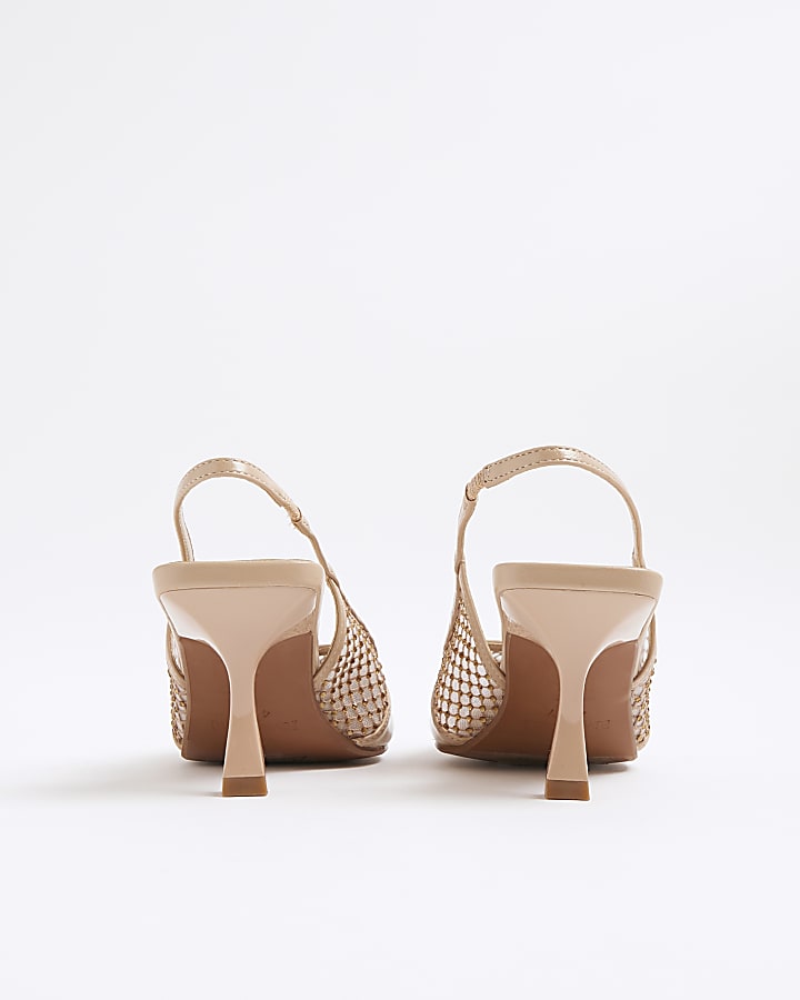 Beige Sling Back Heatseal Mesh Court Heels