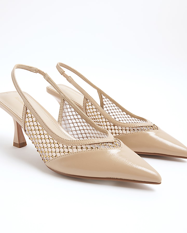Beige Sling Back Heatseal Mesh Court Heels