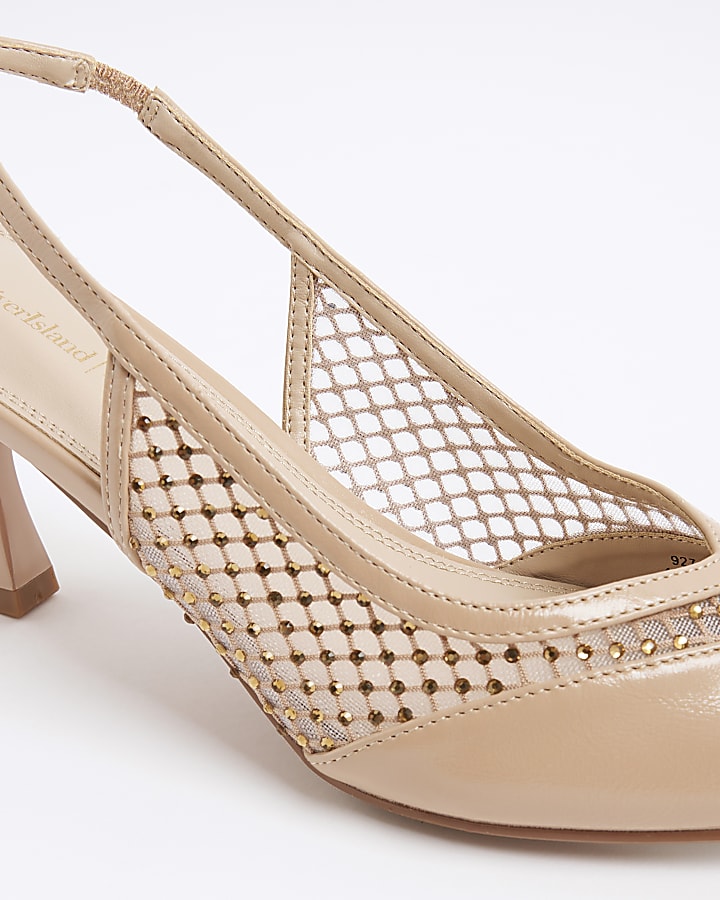 Beige Sling Back Heatseal Mesh Court Heels