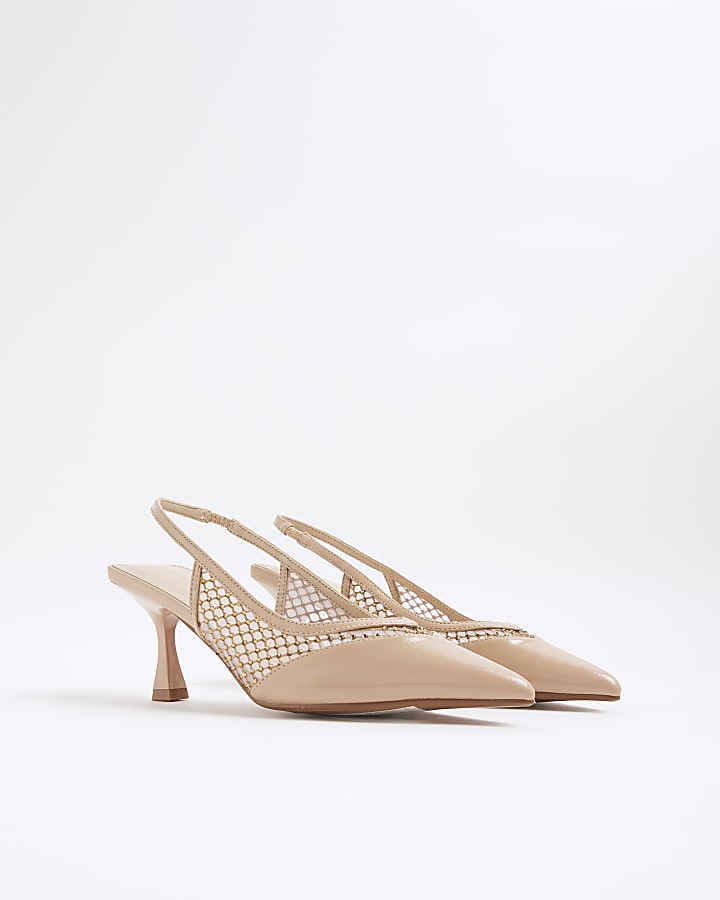 Beige Sling Back Heatseal Mesh Court Heels