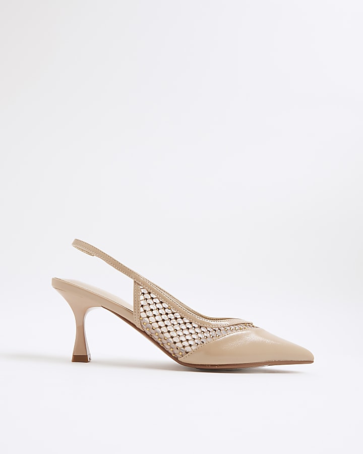 Beige Sling Back Heatseal Mesh Court Heels