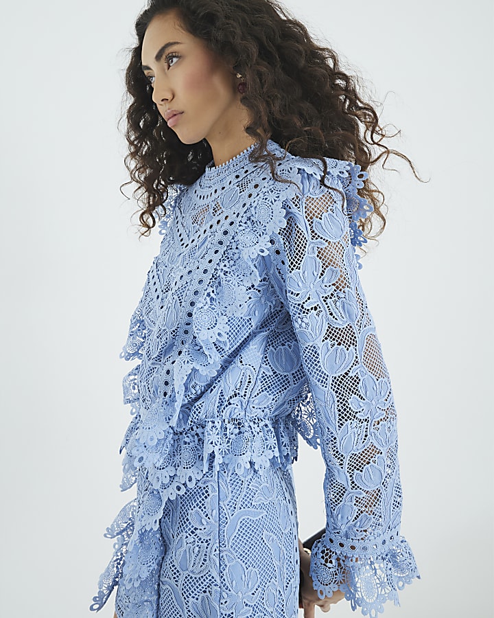 Blue Premium Lace Long Sleeve Top