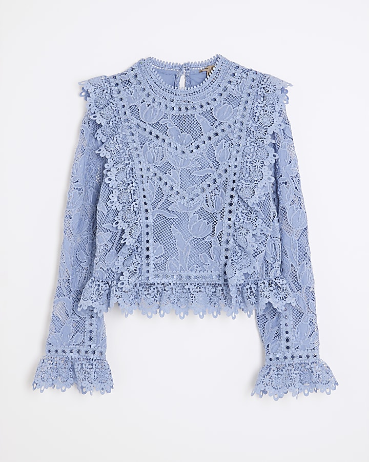 Blue Premium Lace Long Sleeve Top