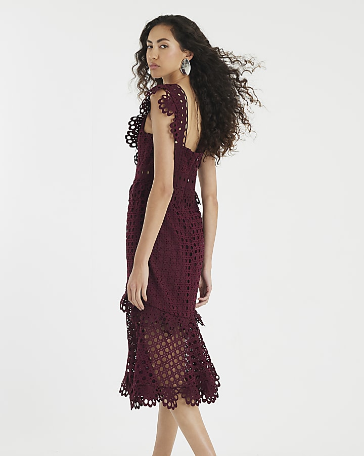 Purple Sleeveless Broderie Midi Dress