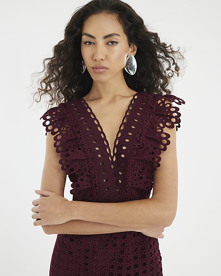 Purple Sleeveless Broderie Midi Dress