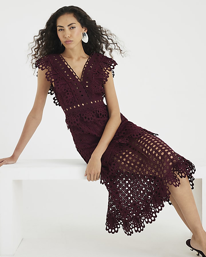 Purple Sleeveless Broderie Midi Dress